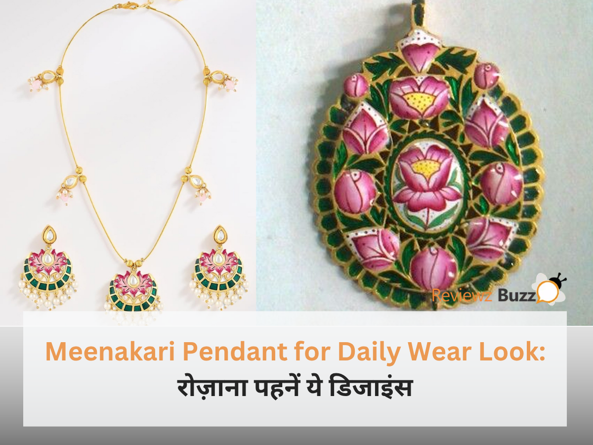 एक महिला जिसने ऑफिस वियर के साथ एक नीले रंग का खूबसूरत मीनाकारी पेंडेंट पहना हुआ है।