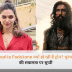 रणवीर सिंह 'धुरंधर 2' के पोस्टर में और दूसरी तरफ दीपिका पादुकोण की एक गंभीर फोटो, सोशल मीडिया विवाद को दर्शाते हुए।