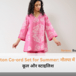 ऑफिस और ट्रेवल के लिए स्टाइलिश और ब्रीदेबल पेस्टल कलर Cotton Co-ord Set for Summer पहने हुए एक महिला।