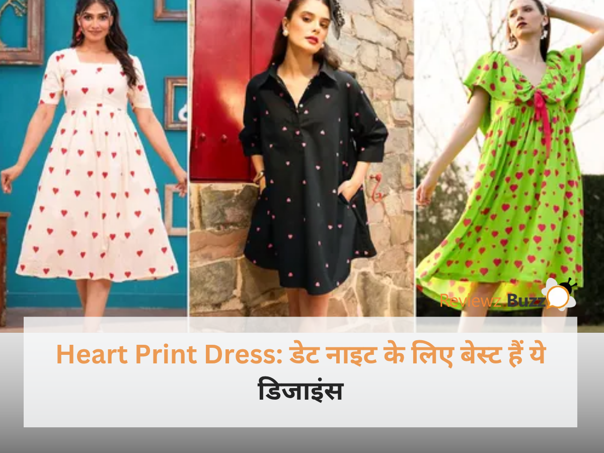 एक खूबसूरत मॉडल ने लाल और सफेद रंग की हार्ट प्रिंट ड्रेस पहनी है और वह डेट नाइट सेटअप पर बैठी है।