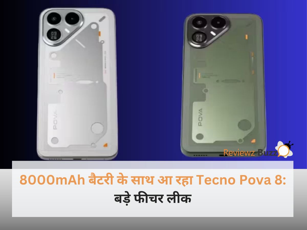 टेक्नो पोवा 8 स्मार्टफोन का धांसू रियर लुक जिसमें मैट्रिक्स स्टाइल डॉटेड कैमरा और मिलिट्री ग्रीन फिनिश है।