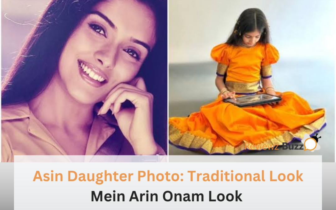 Asin Daughter Photo showing Arin Rayn in traditional orange South Indian attire making floral rangoli for Onam.